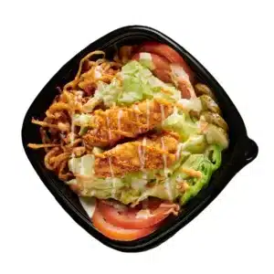 A BurgerFi chicken tender Bowl served in a black bowl.